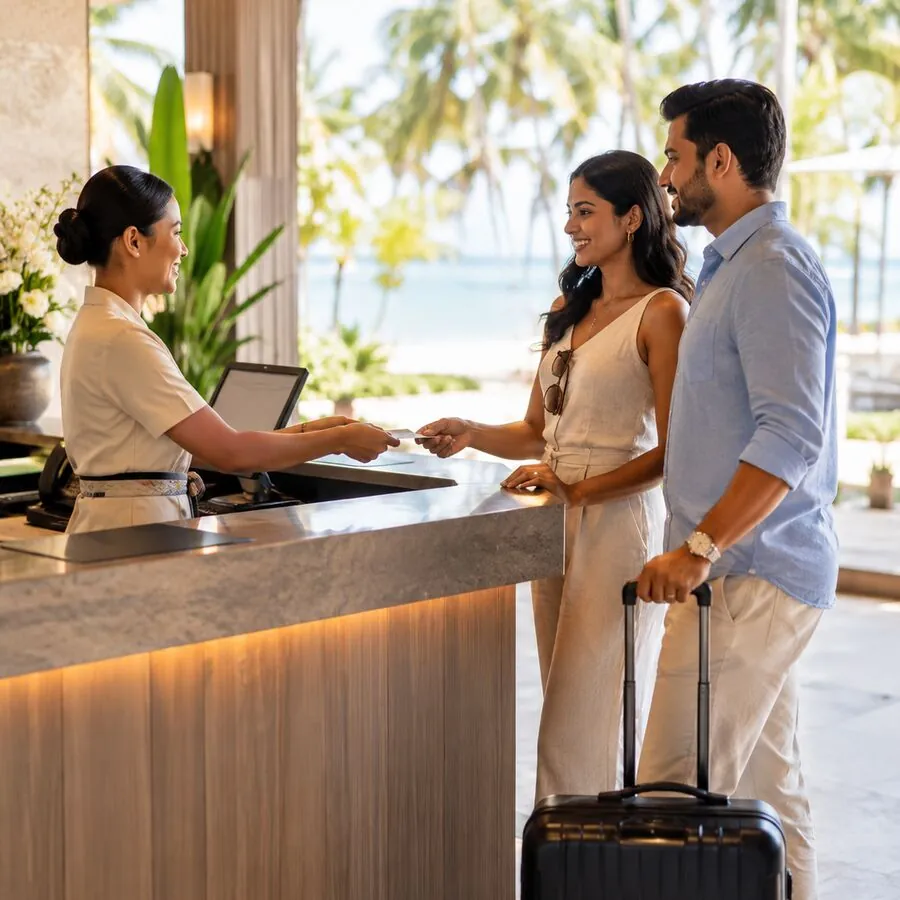Luxury resort staff helping international travellers