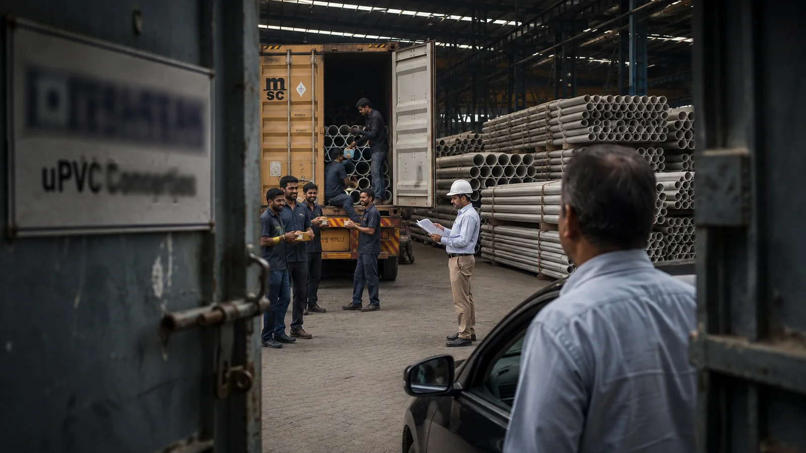 Manufacturer watching export activity from a factory gate