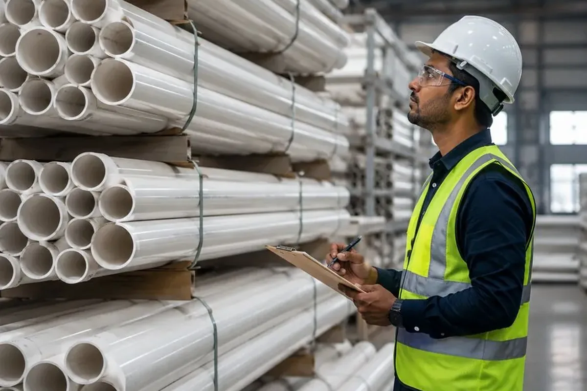 Quality inspector reviewing manufactured UPVC pipes