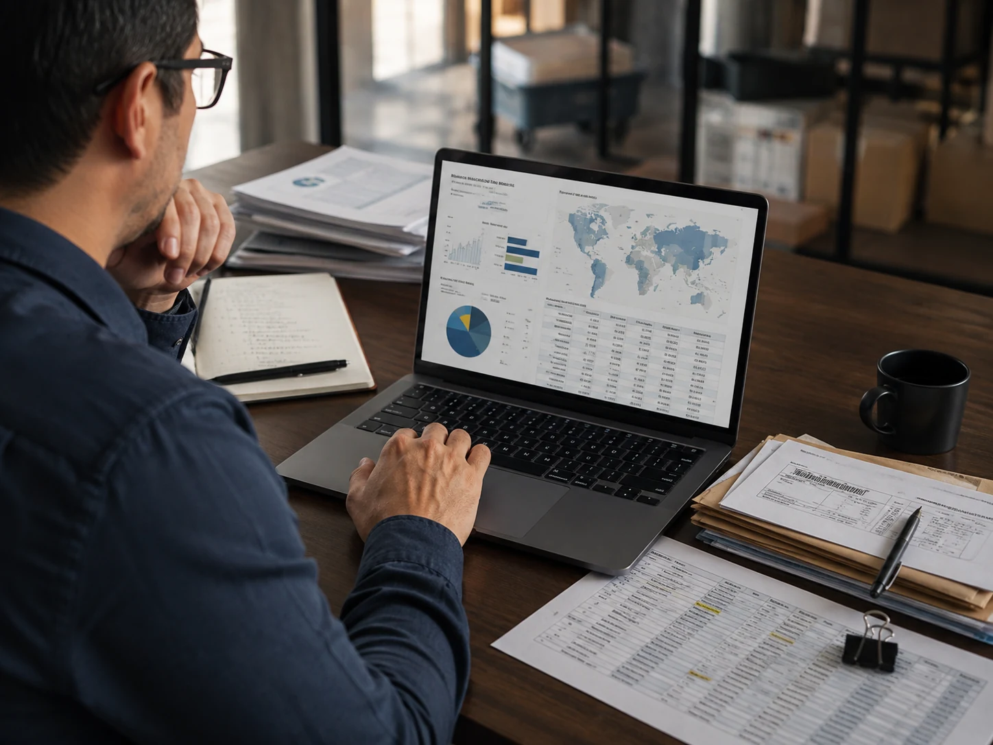 Business owner researching export market data on a laptop