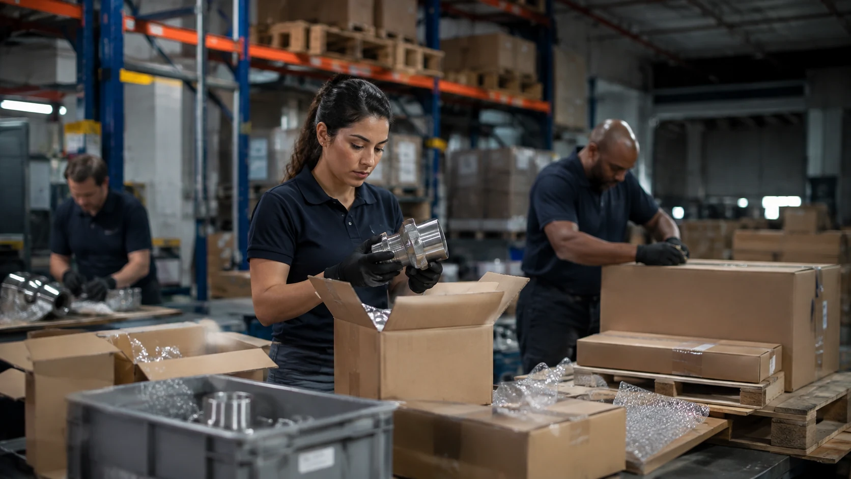 Warehouse team checking and packing industrial goods for export