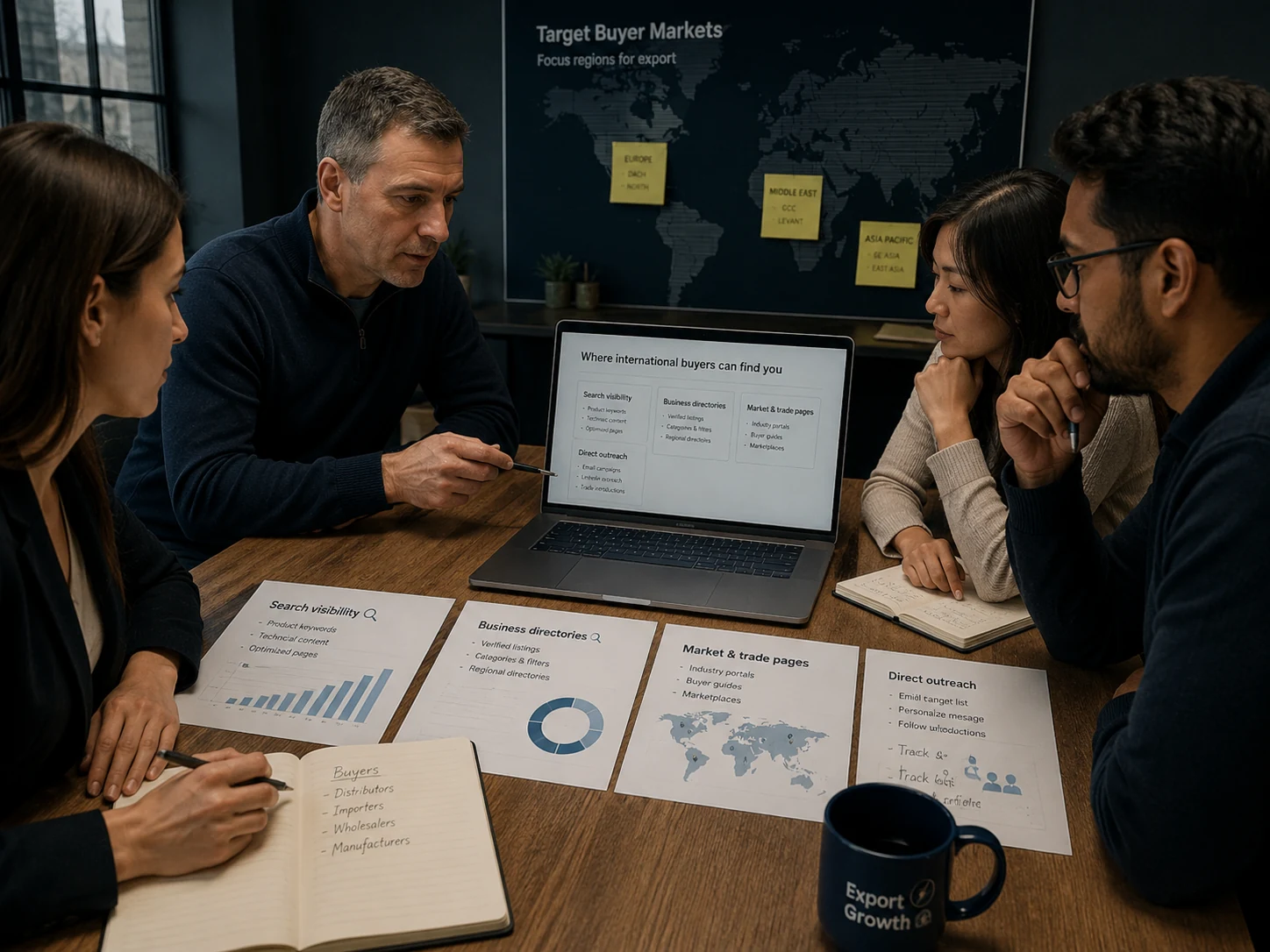 Export team planning where international buyers can find the business